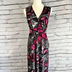 Kate & Mallory XL Pink Black Abstract Floral Maxi Dress Stretch V Neck